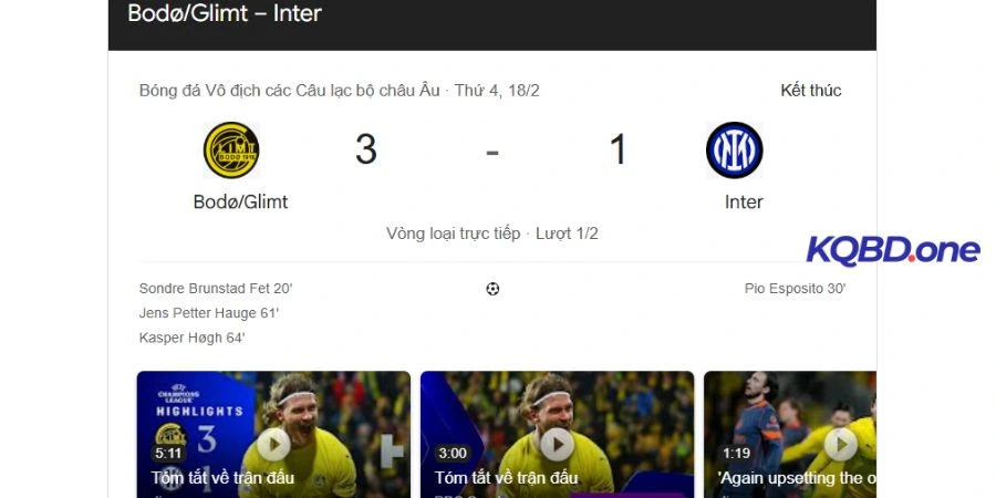 Kết quả đối đầu giữa Inter Milan vs Bodo Glimt
